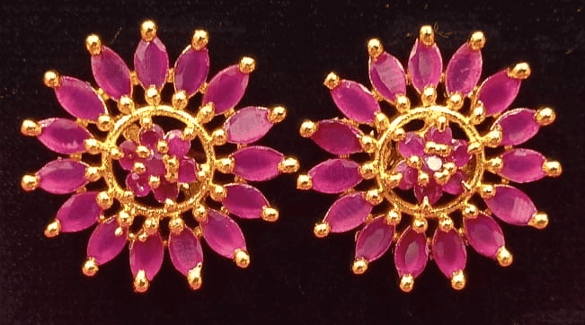 14k Gold Plated Ruby Flower Stud Earrings