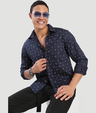 IVOC 100% Cotton Regular Fit Printed Full Sleeves Men's Casual Shirt - Navy Blue ( Pack of 1 )