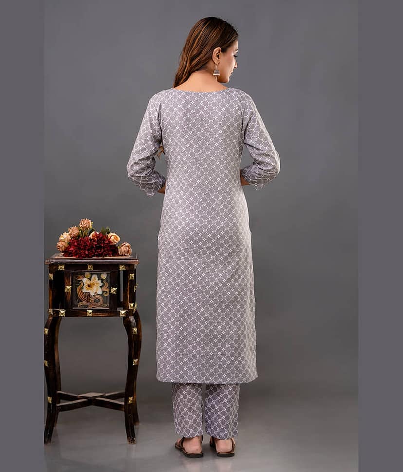 Shivaradhya designers Cotton Printed Kurti With Pants Women's Stitched Salwar Suit - Grey ( Pack of 1 ) view 2