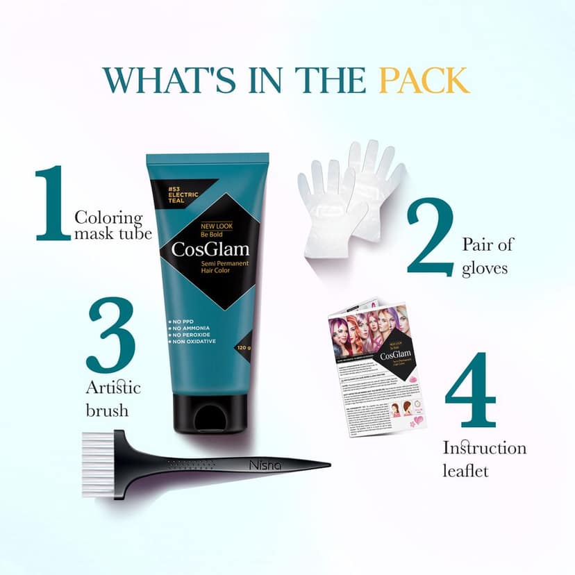 COSGLAM Combo Pack, Semi Permanent Hair Color Electric Teal 120g, Hair Highlighter Kit 115g & Hair Color Remover 70ml view 3