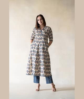 Shivaradhya designers Cotton Printed Kurti With Pants Women's Stitched Salwar Suit - Beige ( Pack of 1 )