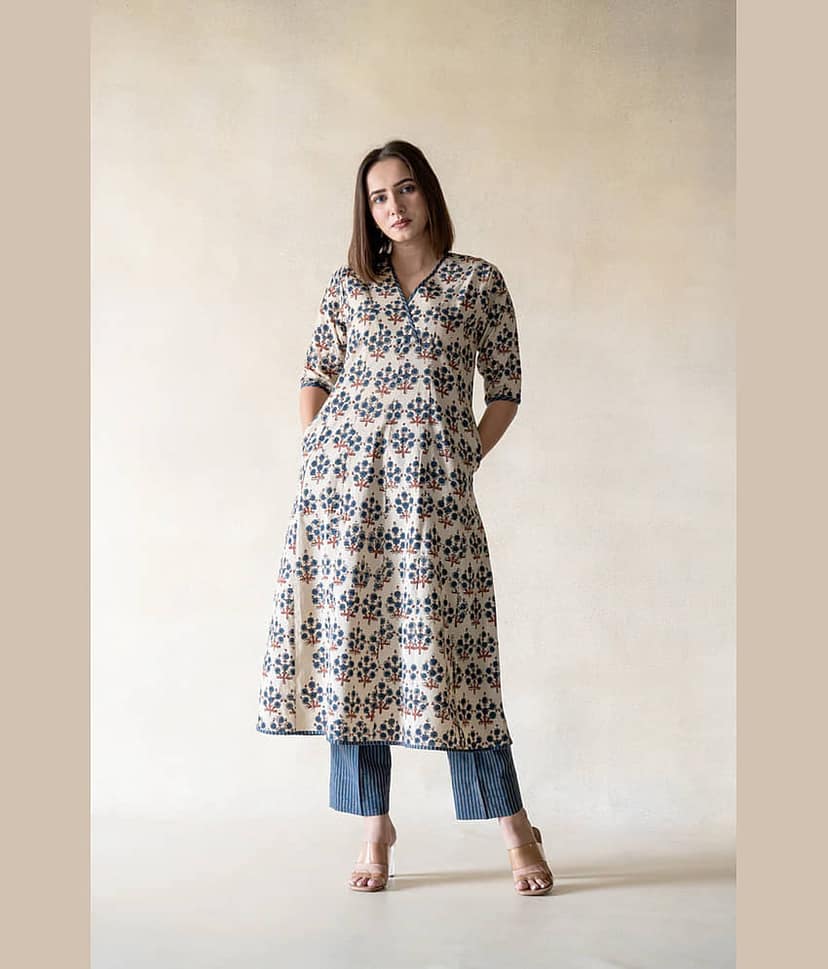 Shivaradhya designers Cotton Printed Kurti With Pants Women's Stitched Salwar Suit - Beige ( Pack of 1 )