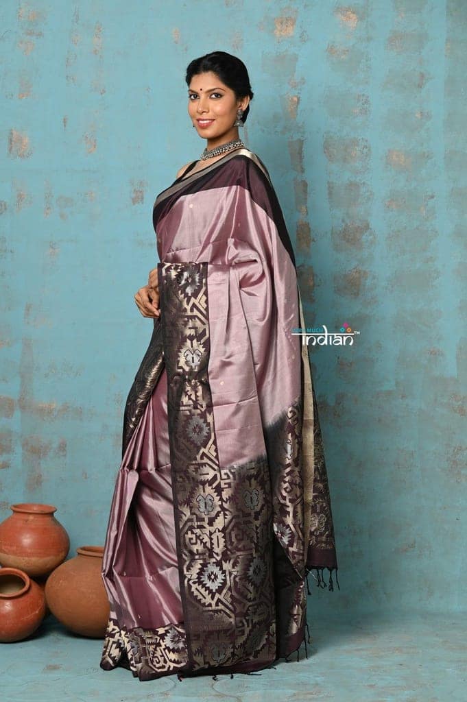 Anokhi ~ Handloom Pure Soft Silk Saree ~ Mauve with Brown Designer Border (Limited Edition) view 2