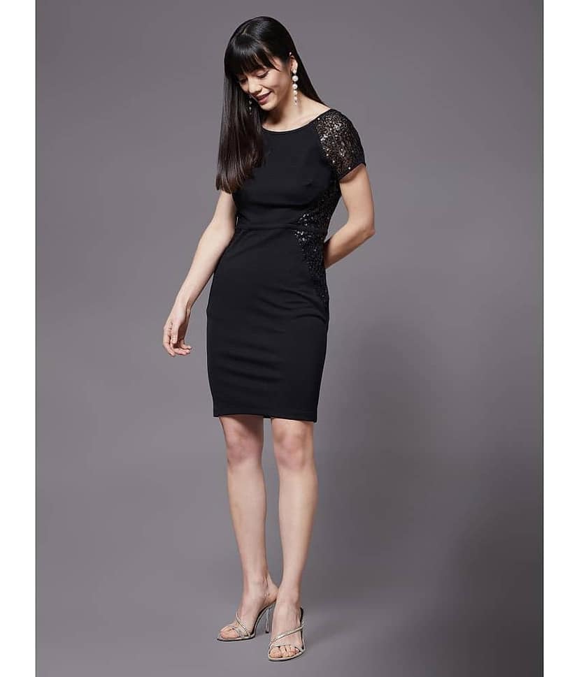 Miss Chase Women Polyester Embellished Bodycon Dress ( Black )
