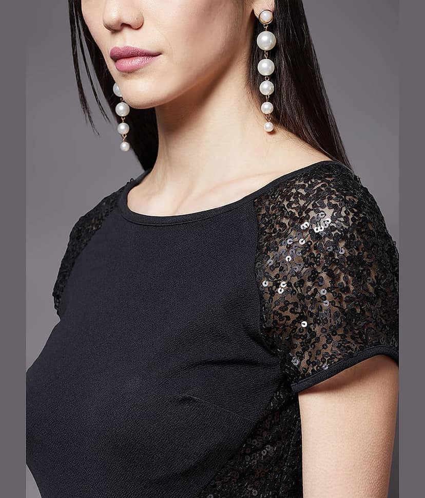 Miss Chase Women Polyester Embellished Bodycon Dress ( Black ) view 2