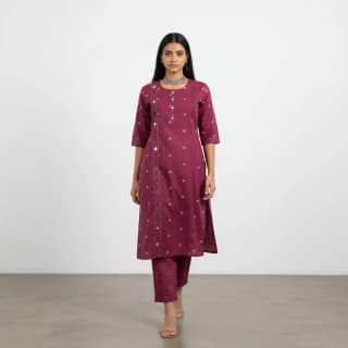 Handloom Cotton Co-Ord Set in Plum with Scattered Buti Motifs