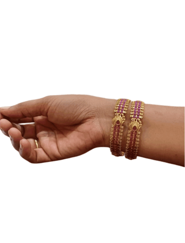 Stunning Pink and Gold Bangle Set with Peacock Design view 2
