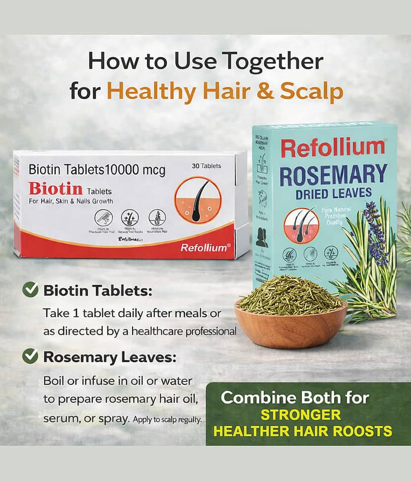 Refollium Biotin 30 Tabs with Rosemary Leaves 100g Combo | Hair Growth & Hair Fall Control | For Hair Oil, Serum & Rosemary Water view 2