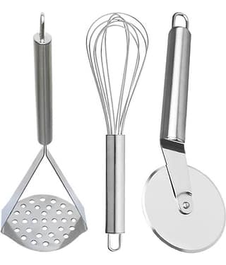 JISUN - Silver Stainless Steel Egg Whisk & Pizza Cutter & Potato Masher ( Set of 3 )