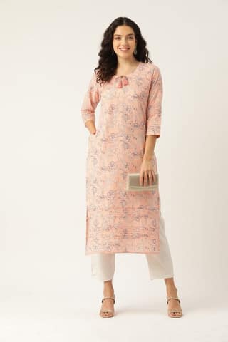 Women Peach Printed Pintuck Kurta