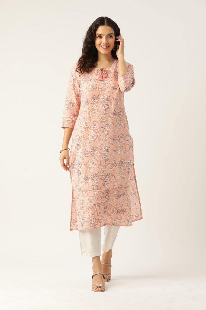 Women Peach Printed Pintuck Kurta view 4