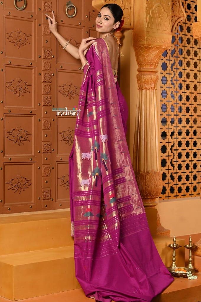 Shubh ~ Handloom Pure Cotton Muniya Border Saree With Handcrafted Pichwai Pallu in Mauve Pink view 2