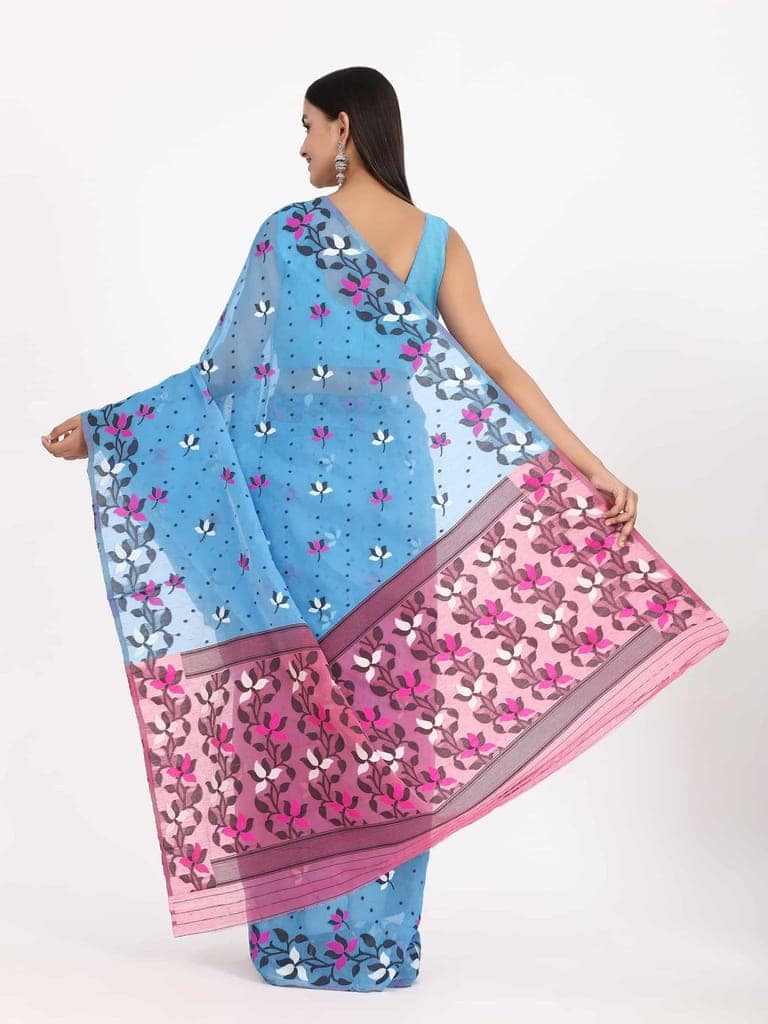 Women's Pure Cotton Woven Jamdani Blue Saree view 2