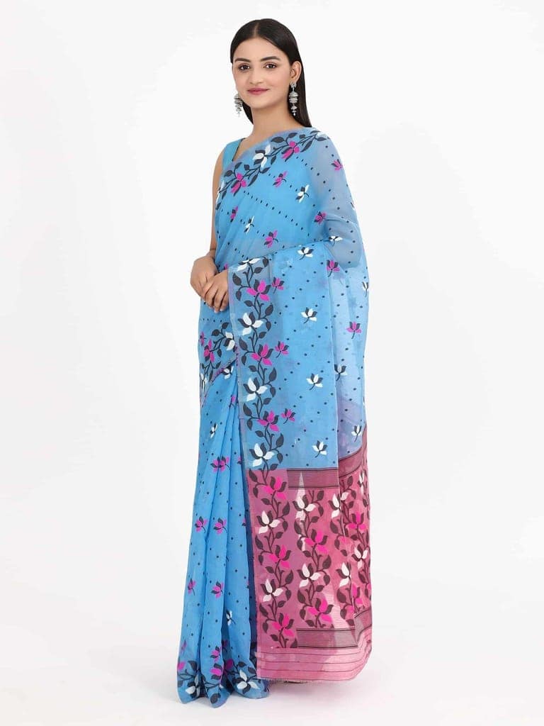 Women's Pure Cotton Woven Jamdani Blue Saree view 3