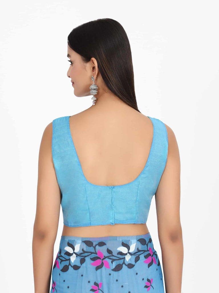 Women's Pure Cotton Woven Jamdani Blue Saree view 5