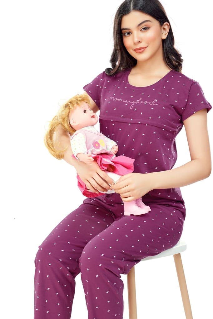 ZEYO Women Cotton Navy Blue Flash Print Nursing & Feeding Night Suit