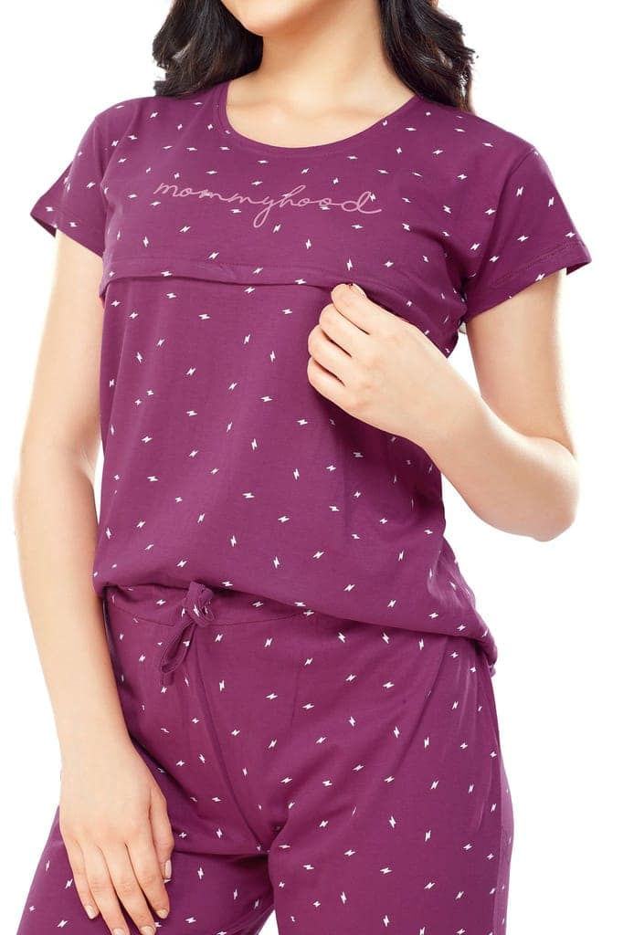ZEYO Women Cotton Navy Blue Flash Print Nursing & Feeding Night Suit view 2