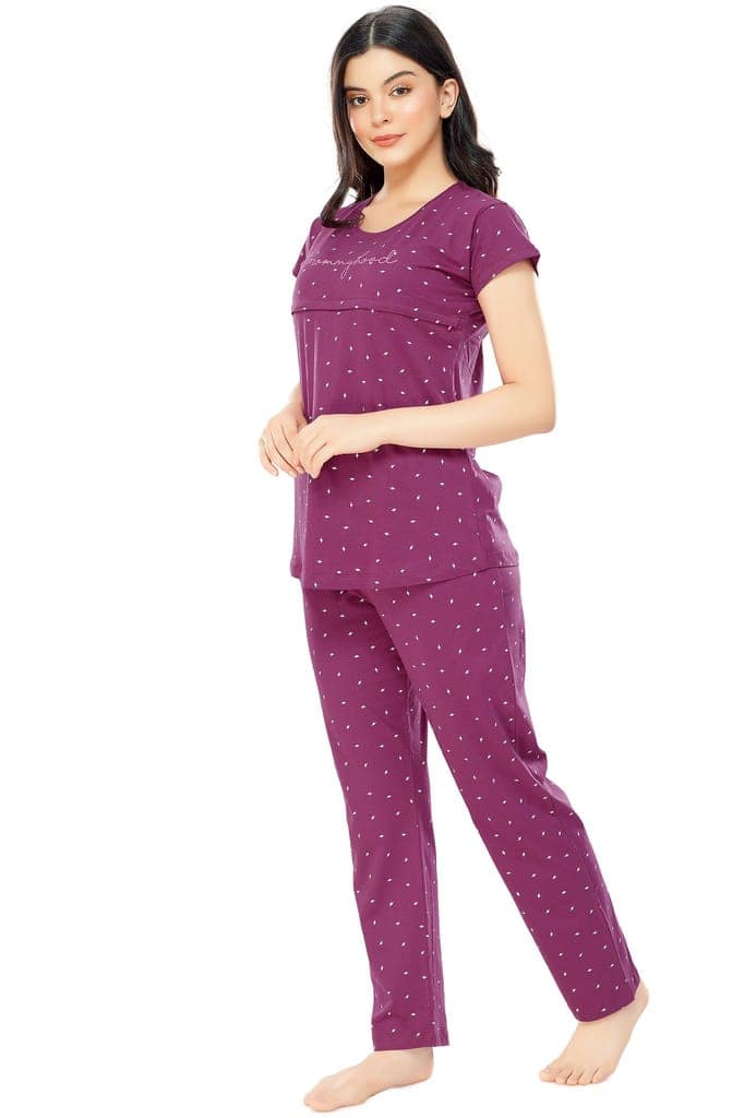 ZEYO Women Cotton Navy Blue Flash Print Nursing & Feeding Night Suit view 4