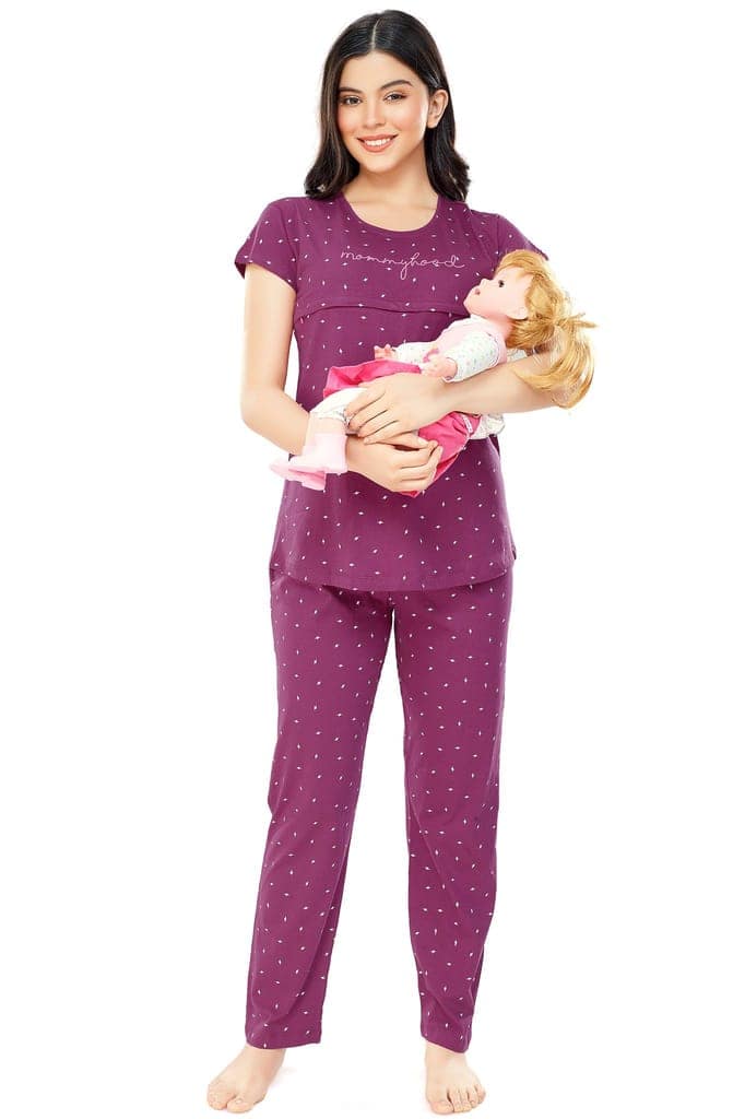 ZEYO Women Cotton Navy Blue Flash Print Nursing & Feeding Night Suit view 5