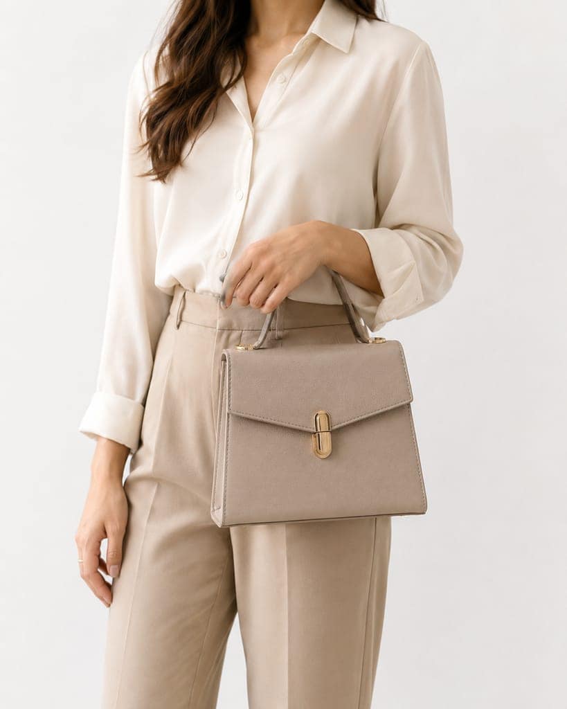 Structured Beige Faux Leather Top-Handle Handbag with Gold-Toned Hardware view 2