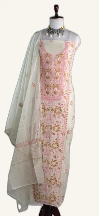 Chikankari Mul Chanderi Pink Mustard Floral Dress Material