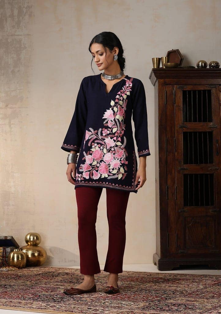 HOC Crafts Aari Embroidered Woollen Solid Women's Short Kurta - Navy Blue view 2