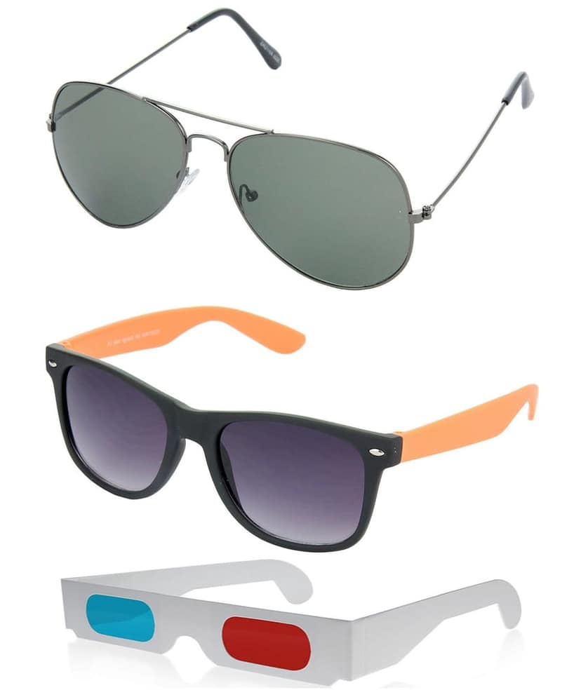 HRINKAR Pilot And Rectangular Stylish Sunglasses For Men And Women (Green And Grey Lens | Grey And Black Frame - HCMB428) With Free Paper 3D Glass