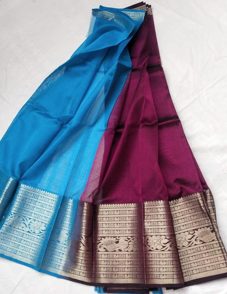 Blue and maroon color traditional south indian silk saree with zari border view 2