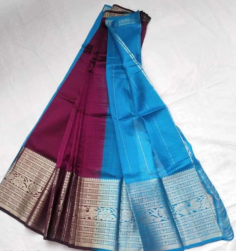 Blue and maroon color traditional south indian silk saree with zari border view 3