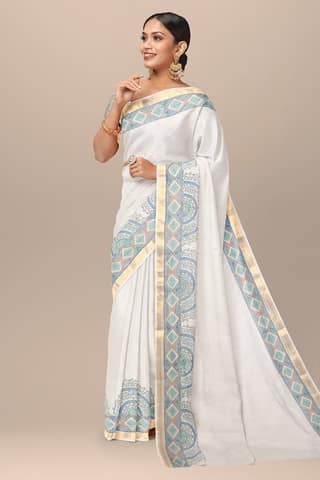 White Floral Motif Hand Woven Hand Block Sausar Silk With Golden Zari Border Saree SKU-AS10026