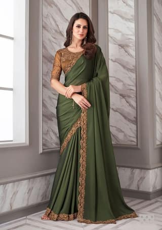 Embroidered Border Satin Georgette Scalloped Saree in Green