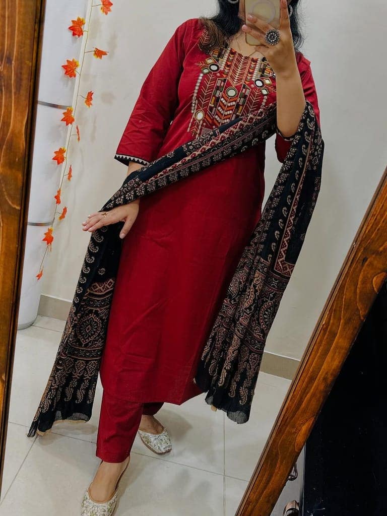 Women's Red Embroidered Cotton Kurta Set with Printed Dupatta