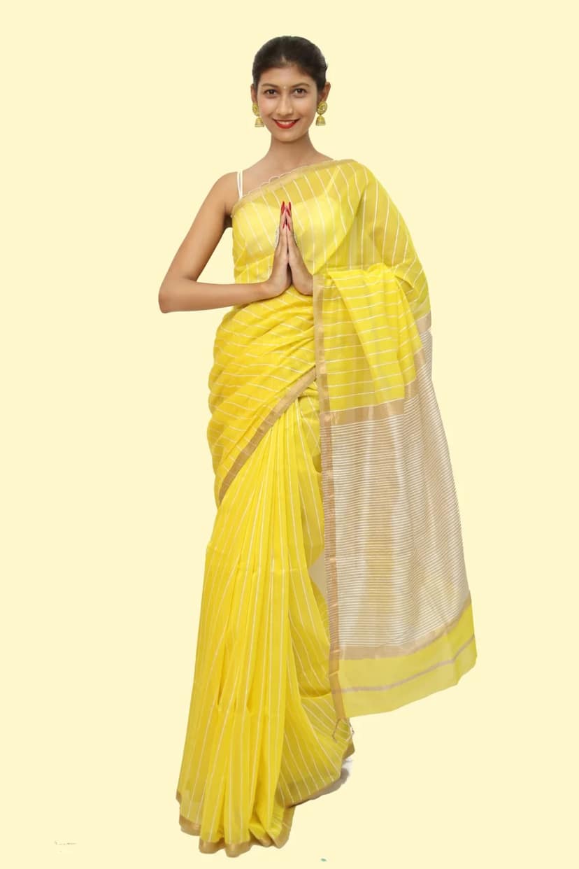 Elegant Linen Striated handloom Saree with Tassels view 3