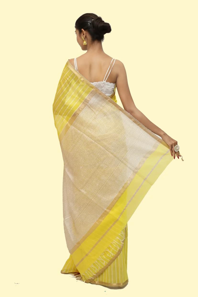 Elegant Linen Striated handloom Saree with Tassels view 4