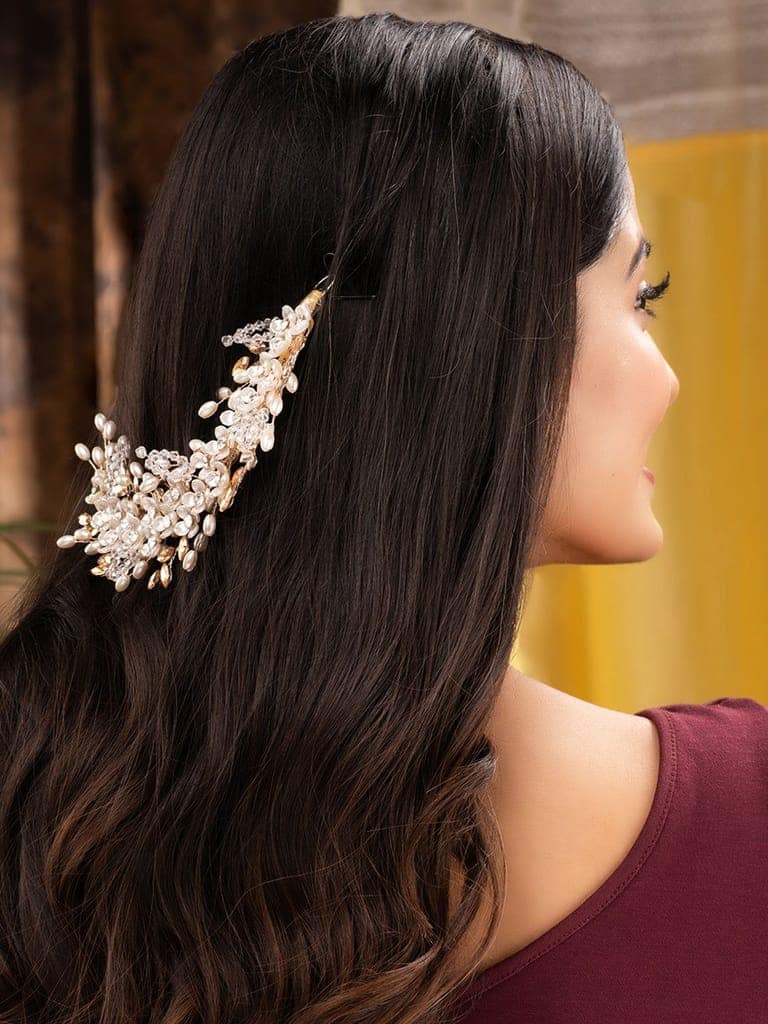 Gold Toned Off White Floral Pearl Embellished Hair Styling Tiara view 2