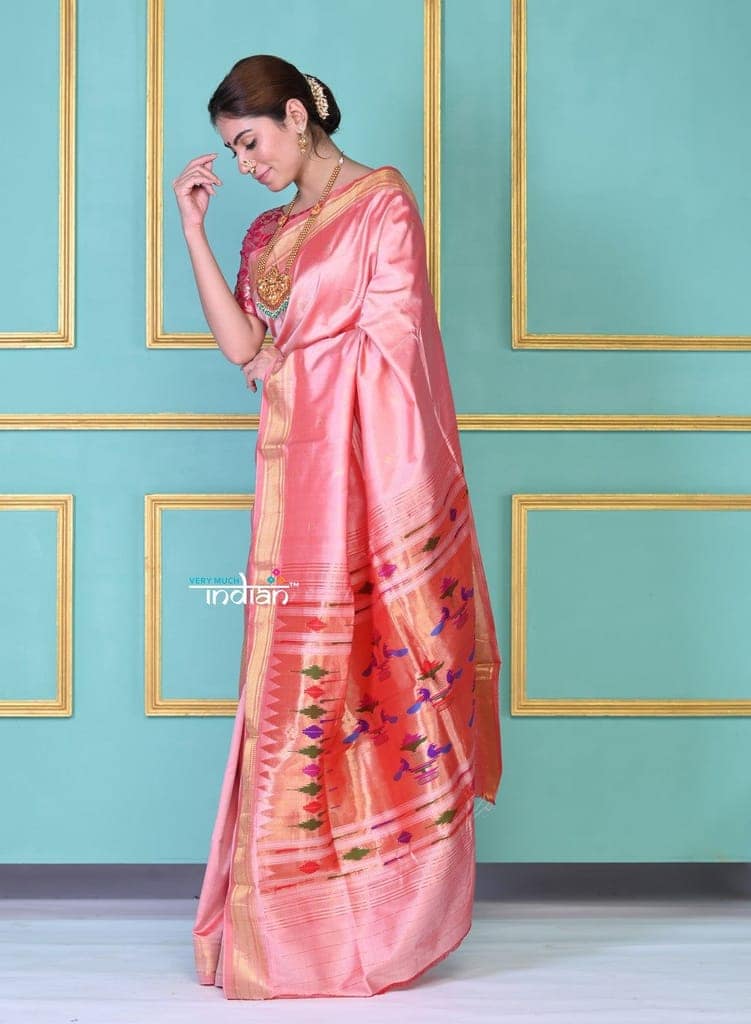 Amruta Khanvilkar's Choice! Traditional Pretty Peach Pure Silk Double Pallu Paithani With Designer Peacocks Pallu (By Govt Certified Weavers) view 7