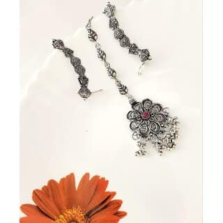 Oxidized silver plated pink stone maangtika Earcuff Combo (set pack of 1)