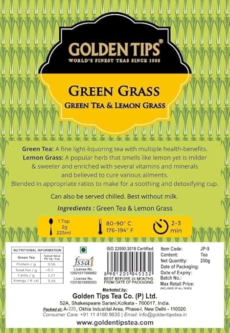 Golden Tips Loose Leaf Lemongrass & Green Tea, Detox & Soothing Herbal Tea, Antioxidant-Rich, Digestion & Immunity Boost, Aromatic, Light & Refreshing (250 Gram, 120 cups) view 2