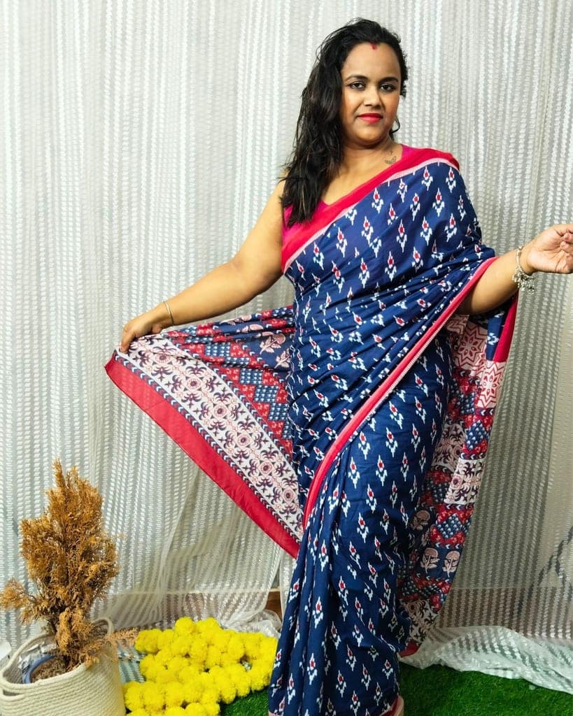 Mulmul Cotton Saree Royal Blue Color Handblock Printed with contrast blouse-6434 view 2