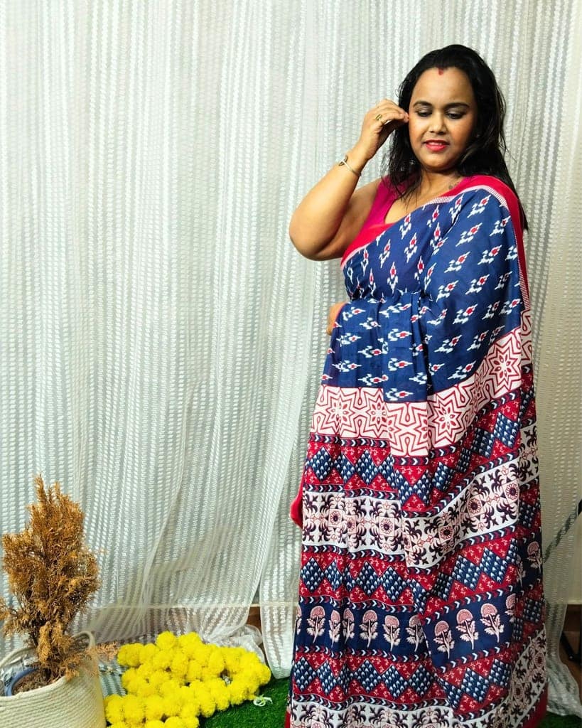 Mulmul Cotton Saree Royal Blue Color Handblock Printed with contrast blouse-6434 view 4