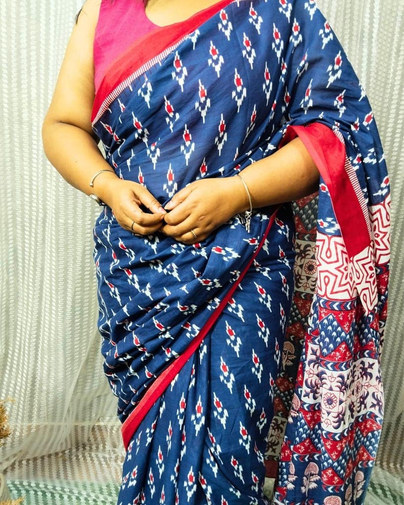 Mulmul Cotton Saree Royal Blue Color Handblock Printed with contrast blouse-6434 view 5