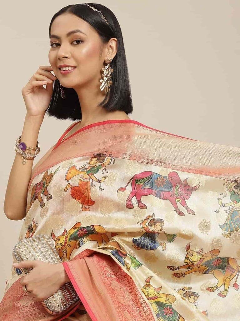 Women's Digital Printed Woven Silk Saree with unstiched blouse piece view 3