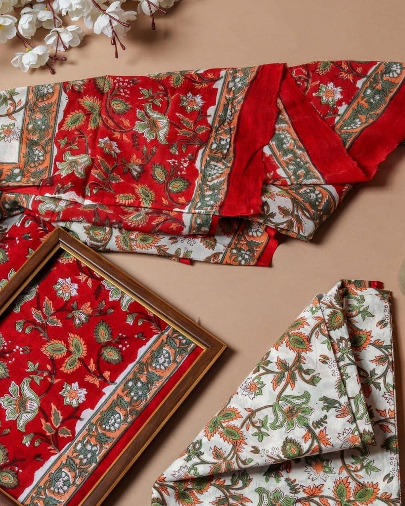 Designer Hand Block Floral Jaal Print Pure Cotton Suits with Mulmul Dupatta (PRMUL113) view 2