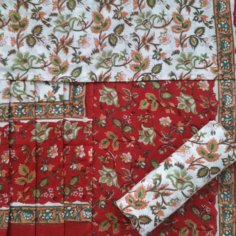 Designer Hand Block Floral Jaal Print Pure Cotton Suits with Mulmul Dupatta (PRMUL113) view 4