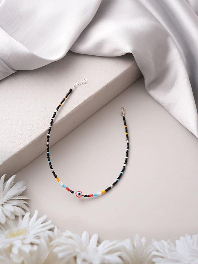 925 Sterling Silver Red & Multicolored Evil Eye Designer Delicate Payal Anklet