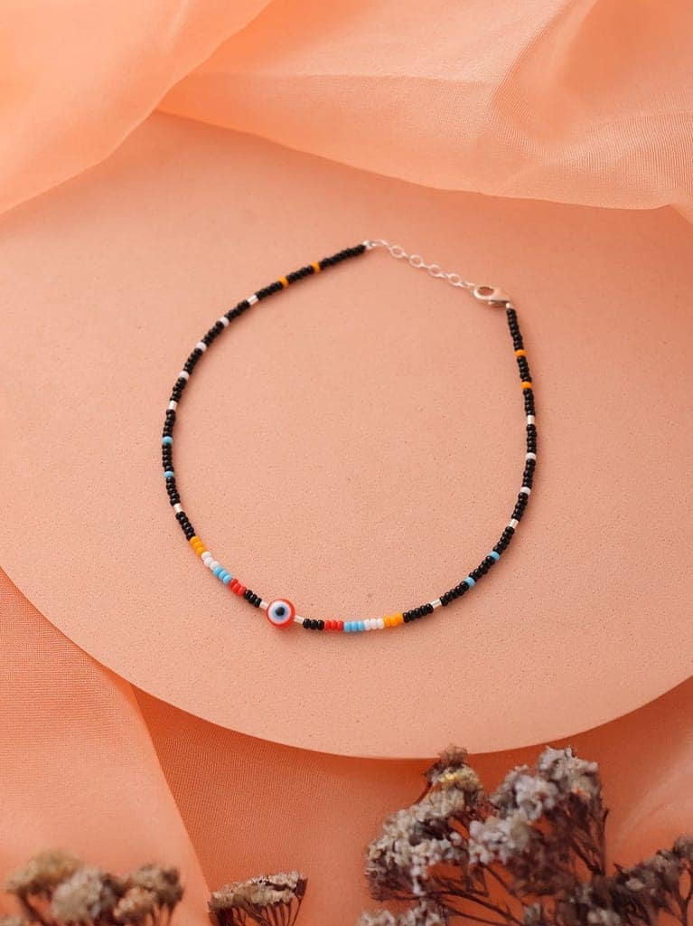 925 Sterling Silver Red & Multicolored Evil Eye Designer Delicate Payal Anklet view 2