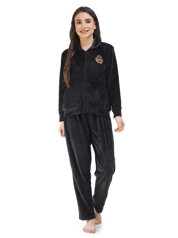 KOI SLEEPWEAR Soft Velvette Long Night Suit Black (Relaxed, X-Large, Black)