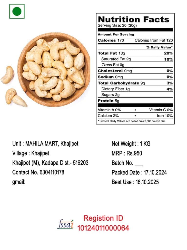 Organic Cashews for Mahila Mart. view 3