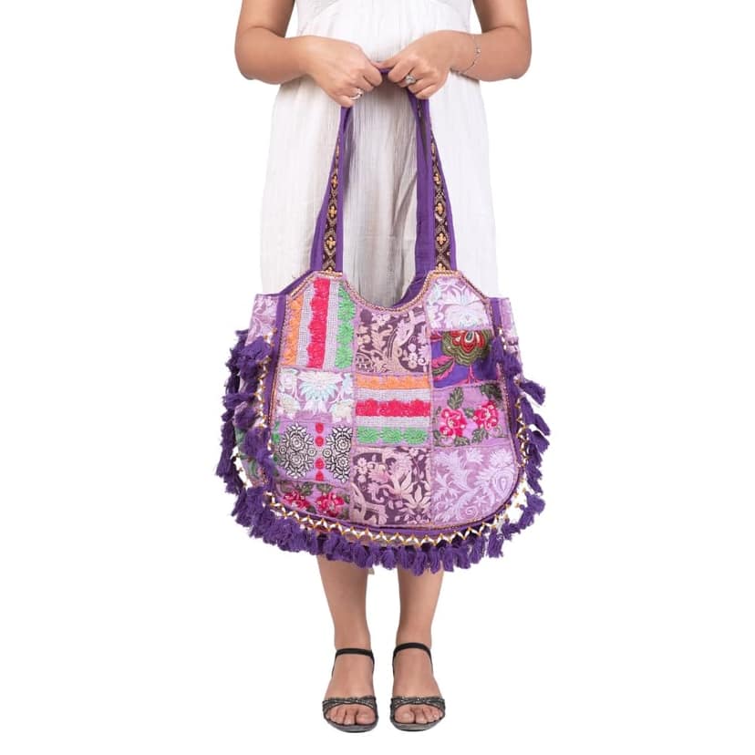 PREET SPICE Rajasthani Patchwork Tote Bag, Handcrafted Purple Boho Chic-Cross Body Hand Bag For Women view 3