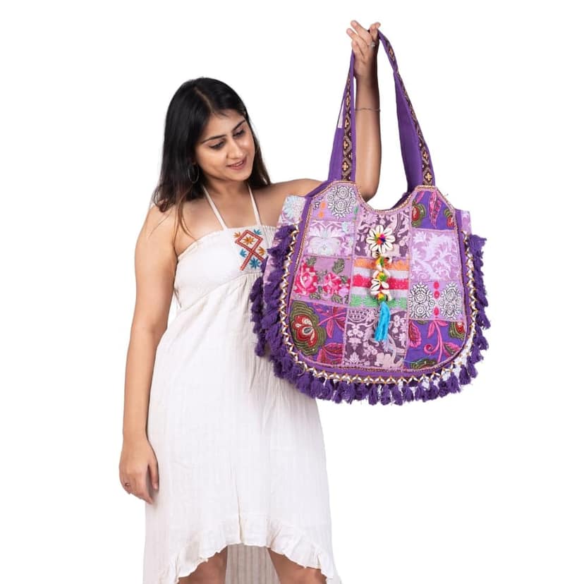 PREET SPICE Rajasthani Patchwork Tote Bag, Handcrafted Purple Boho Chic-Cross Body Hand Bag For Women view 4